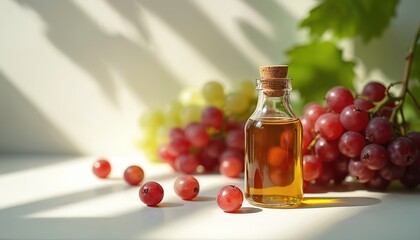 Fototapeta premium Grapeseed oil in bottle next to fresh red and green grapes. Natural cooking ingredient for healthy food preparation and skincare. Organic product for beauty and wellness.