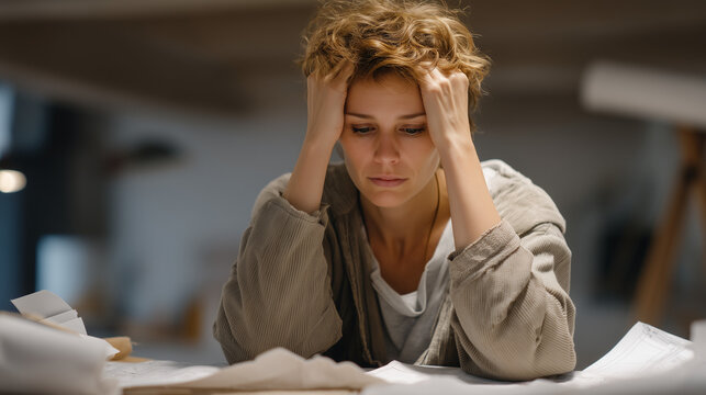 Burned-out architect sitting among crumpled blueprints on a studio floor, harsh overhead light, hands buried in hair, half-finished model abandoned beside her, ideal for perfectionism, burnout, and 