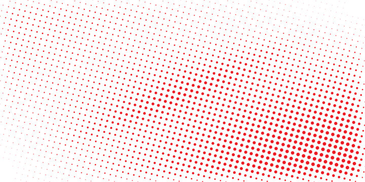 Red color halftone gradient texture. Vanishing cartoon polka dot background. Repeating dotted gradation pattern. Fading comic pop art overlay backdrop. Raster halftone effect wallpaper. Vector