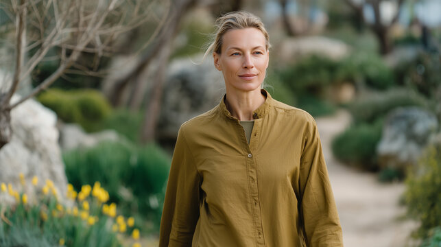 Empath counselor taking a deliberate solo walk at lunch through a quiet spring garden, hands loose, face deliberately blank, recalibrating, ideal for professional boundaries, mental health care, and