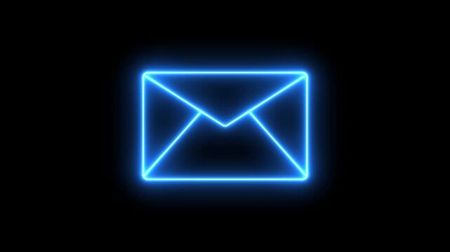 Neon Blue Color Mail Envelope Icon Animated on black background. neon blue color message icon animation. 4k video