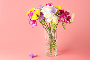 Fototapeta premium Beautiful freesia flowers in vase on pink background, space for text
