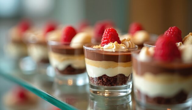 Lineup of layered desserts in small glasses topped with raspberries, cream. Chocolate, vanilla cream, cookie crumble create sweet treat. These small cakes are artfully arranged, ready for serving.