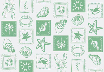 Sea shells, fossils and mollusks seamless pattern. Summer beach hand-drawn seaside vector print. Fashion textile bright multicolored illustration. Seashore elements design for fabrics, wallpaper  © Sketch
