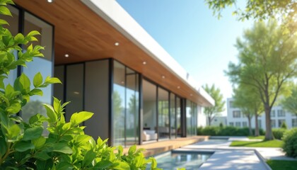 Fototapeta premium Modern house with large glass windows and wooden ceiling. Lush green plants surround the sleek minimalist home. Outdoor space features a small pool and manicured lawn.