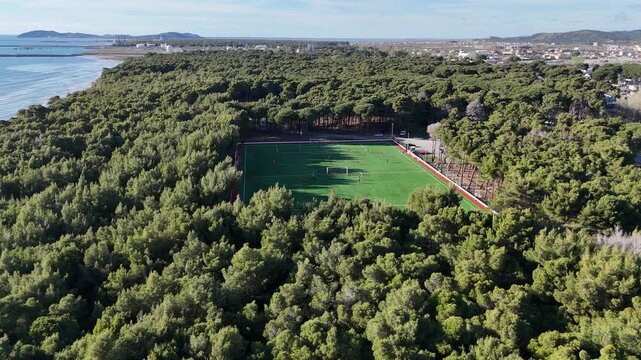 Aerial drone view of coastal forest and football field near the sea