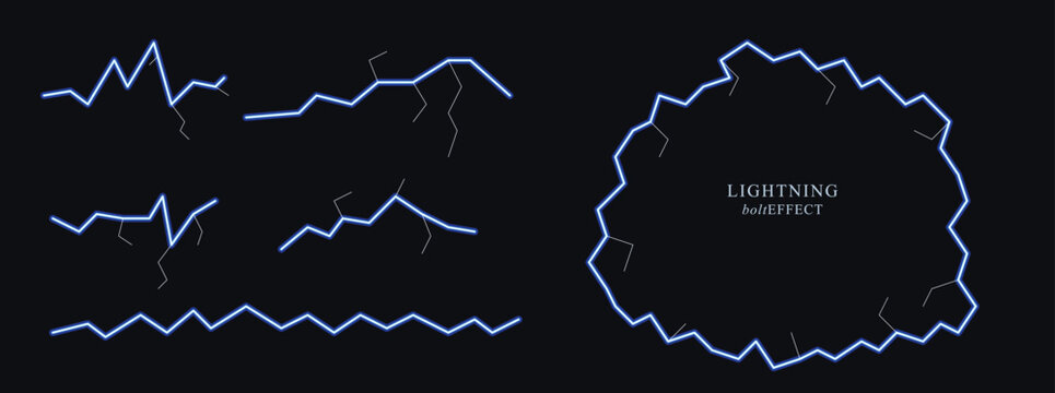 Electric blue neon lightning bolt effects and jagged zig zag lines on black background for weather storm and energy concepts