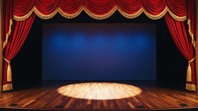Theater stage with red curtains for commercial advertising, marketing campaigns, and creative projects