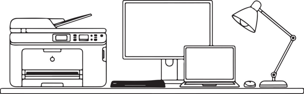 Office workspace with printer computer monitor laptop