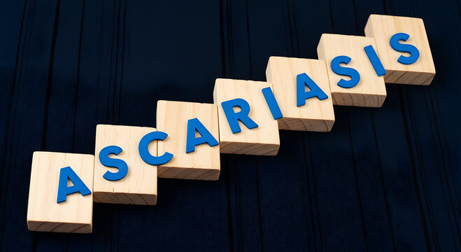 Ascariasis spelled with blue letters on wooden blocks arranged in steps disease medical