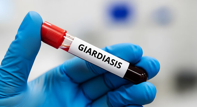 Blue gloved hand holds blood sample vial labeled Giardiasis in laboratory test