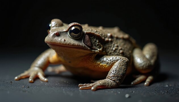 Closeup of brown toad amphibian with textured skin and bulging eyes. Creature rests on dark surface with blurred background. Animal macro detail shot.