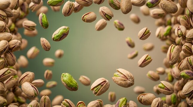 Scattering Pistachios Floating On Gradient Background Macro View