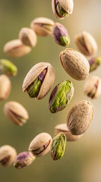 vertical motion pistachios nuts levitating on green gradient background