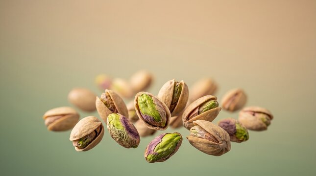 Levitating green pistachio nuts flying in air macro food photography