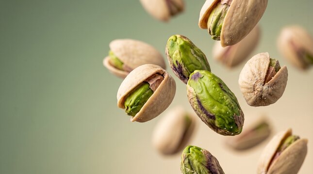 macro detail of green pistachio kernel flying for healthy eating blog