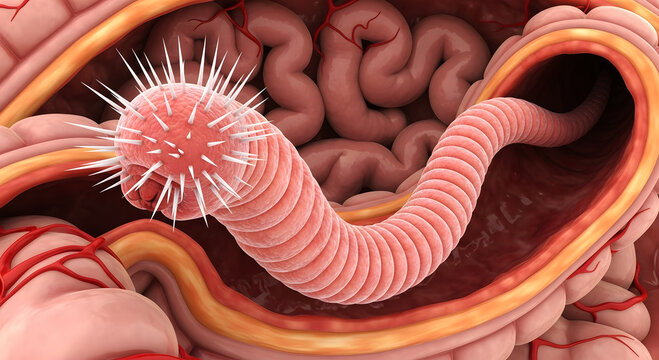 Close up of a pink segmented worm with sharp white spines inside intestines parasite
