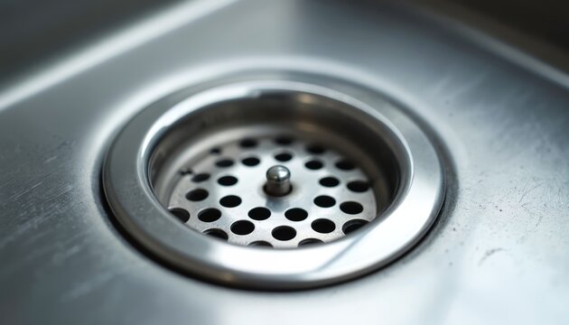 Macro view of shiny stainless steel sink drain with round strainer and center post. Smooth basin reflects light. Clean, modern kitchen fixture detail.