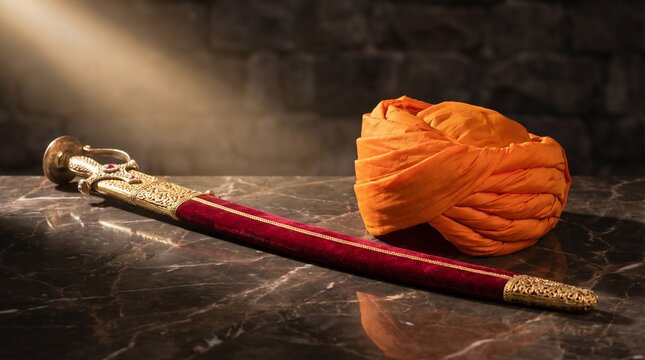 Maharana Pratap Jayanti, Elegant still life composition of a traditional Rajput sword with an ornate hilt and a folded saffron turban placed on a polished marble surface