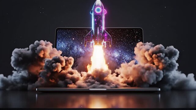 Laptop with rocket launch on screen for tech concepts, digital marketing, and futuristic projects