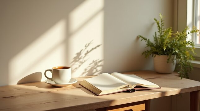 Ritual matutino con una taza de caf&eacute; caliente y un cuaderno abierto sobre una mesa de madera desgastada