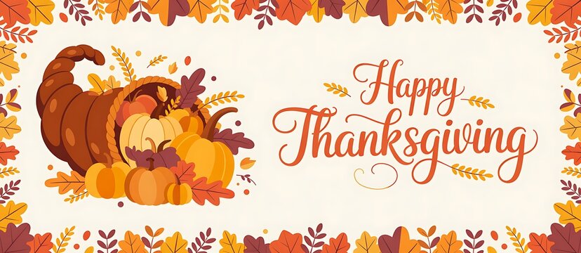 Happy thanksgiving greeting card with cornucopia and fall leaves on beige background