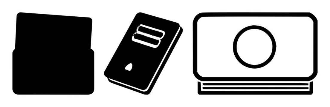 Savings account passbook icon set with solid black design on white background featuring finance, banking, accounting with simple and minimalist