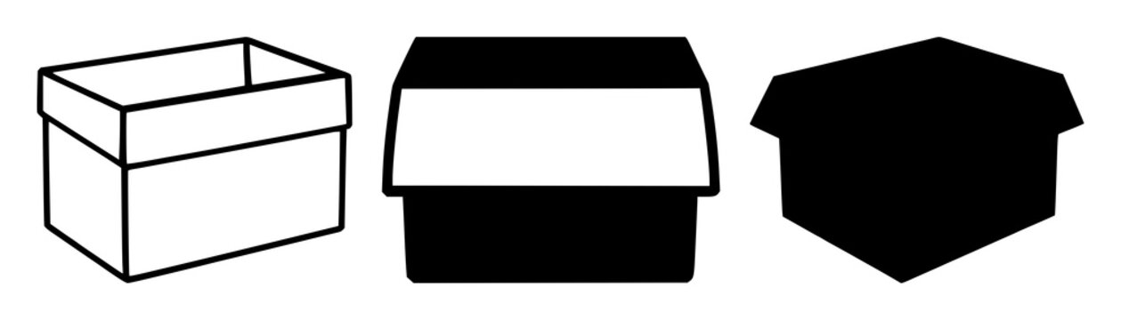 Subscription box icon set with black icon on white background featuring subscription, box, delivery with symbol and emblem