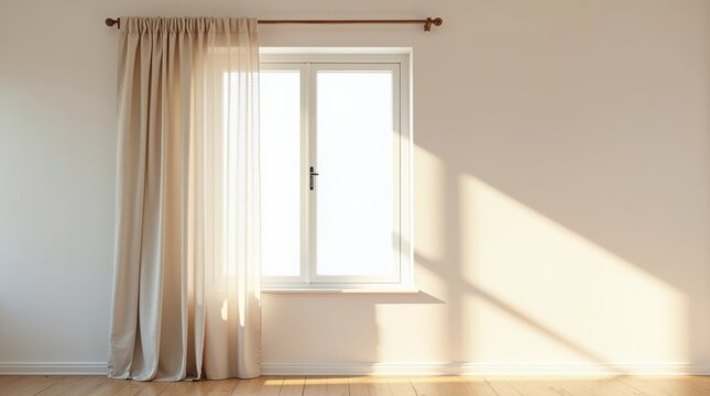 Ventana abierta en pared blanca con cortina de lino ondeando con fuerza por el viento, luz solar brillante entrando en habitaci&oacute;n vac&iacute;a
