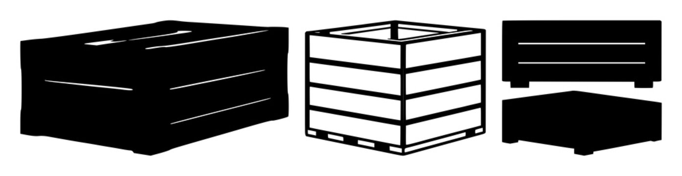 Stackable crate icon set with single solid black symbol on white background featuring logistics, shipping, warehousing with crate, pallet and storage and supply chain