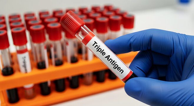 Hand in blue glove holding blood sample tube labeled Triple Antigen test medical