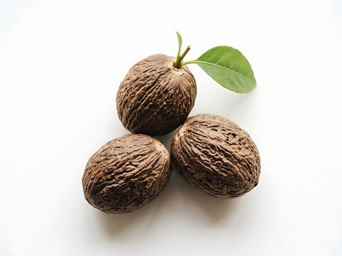 Three brown nutmeg seeds with green leaf on white background  nutmegs  spice