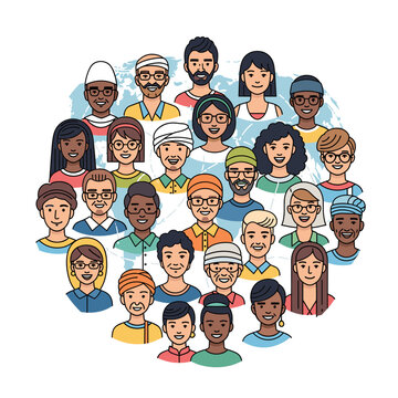 A diverse group of people from various backgrounds and ethnicities are depicted in a circular arrangement, symbolizing global unity and community.