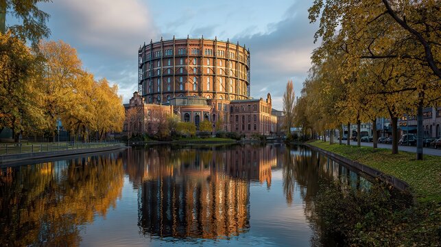 Historic Gasometer building in Berlin Schoeneberg reflected in calm water during autumn with golden foliage