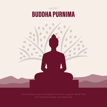 Happy Buddha Purnima Illustration with Meditating Buddha Silhouette and Spiritual Landscape, vector illustration.