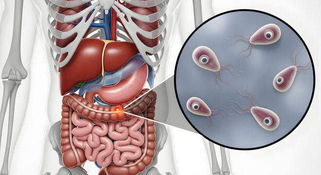 Human digestive system with Giardia lamblia parasites magnified anatomy