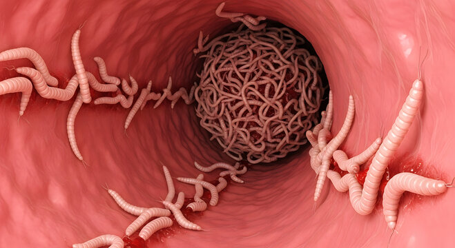Intestinal roundworms infestation inside a red tubular cavity with a ball of worms