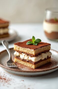 Layered Italian dessert tiramisu with cocoa powder, cream. Fresh mint leaf tops sweet pastry slice. Served on plate with fork ready for enjoyment. Another dessert portion visible in background.