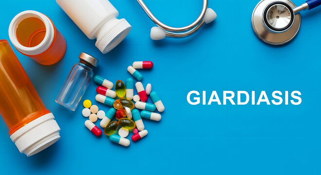 Medical supplies and pills with Giardiasis text on blue background medicine health