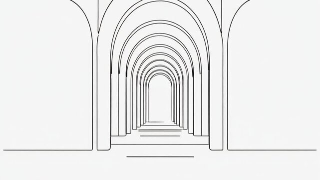 Minimalist architectural drawing of a long archway corridor.