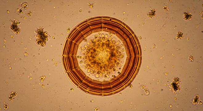 Microscopic view of a circular diatom with segmented brown outer shell and inner cells