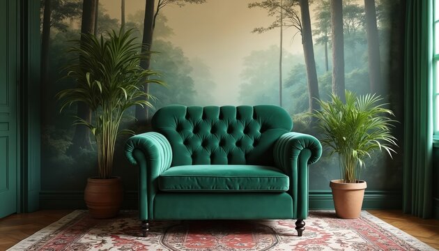 Deep green velvet armchair sits before a misty forest mural. Two potted palm plants flank the lush. Ornate rug covers floor. Room is richly decorated.