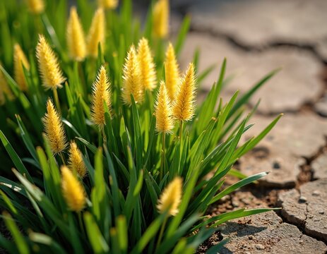 Yellow nutsedge Cyperus esculentus sprouts grow in dry cracked earth. Green grass blades with fuzzy yellow flower spikes in garden setting. Natural plant background with copy space.