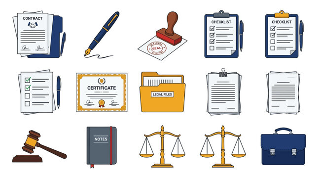 Legal documents and office equipment icons represent the fundamental tools used in professional law practice and corporate administration.