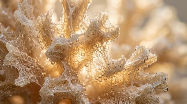 Macro texture of white coral or organic bone structure, abstract natural pattern with soft light, minimalist sea life background, intricate skeletal details, ethereal 3D visualization.