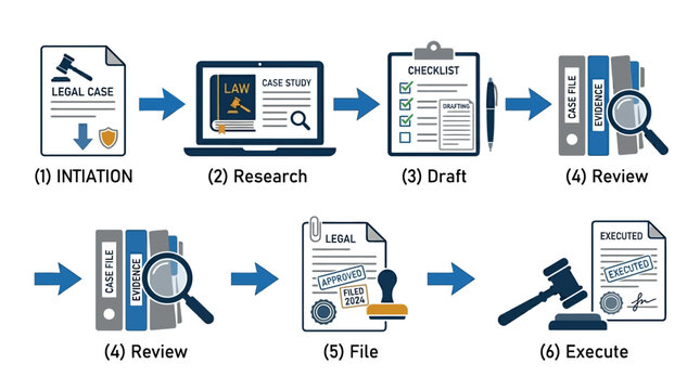 Legal workflow process diagram illustrates the sequential steps of case management from initiation to final execution.