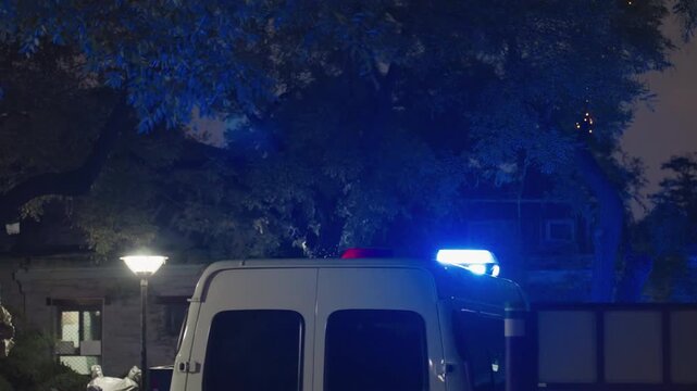 Night emergency response with flashing lights, police van parked under streetlamp, red and blue strobes illuminate tree canopy, quiet neighborhood tension, emergency crew arriving, reflective