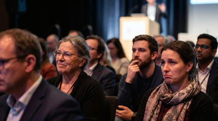 Obraz premium Photograph of a diverse group of people, mostly men, in a conference setting, with a woman in the foreground.
