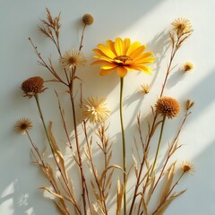 Obraz premium Collection of dried flowers and grasses arranged on white background. Yellow flower stands tall with other seed heads and dry stems casting shadows in sunlight. Autumn botanical study.