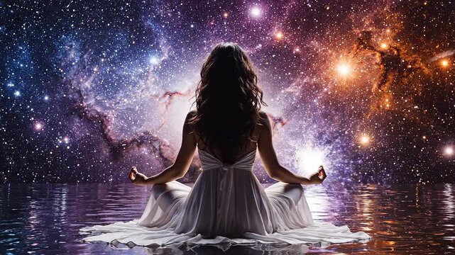 Woman meditating in cosmic space for tech concepts, digital marketing, and futuristic projects